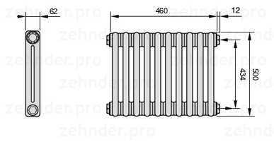 Схема (чертеж) Радиатор Zehnder Charleston 2050/10 №7610 Белый глянцевый RAL 9016